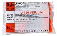 Шприц инсулиновый SFM U-100 - 0,5 мл (шаг 0,5 ед, игла 8 мм) №10